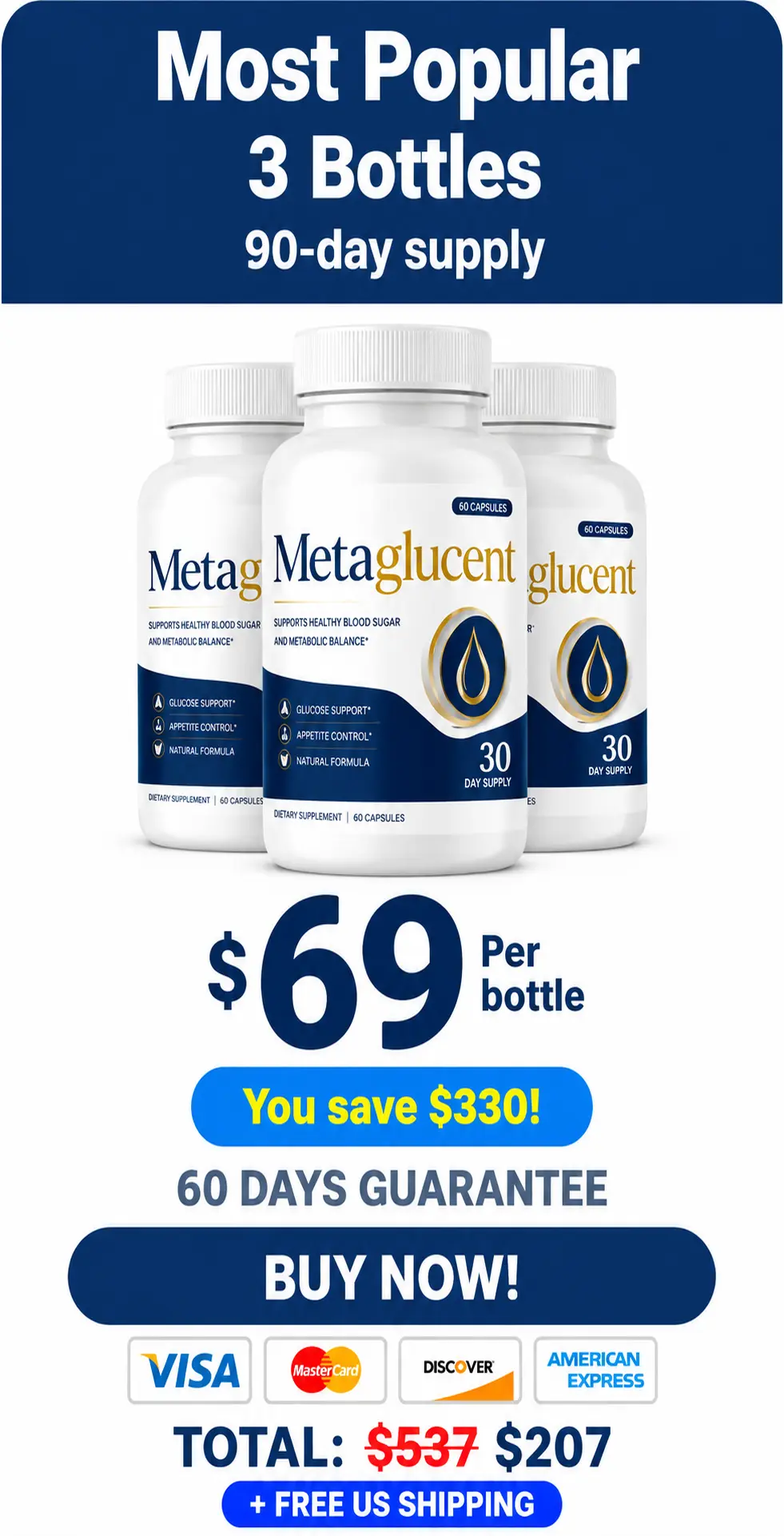 MetaGlucent 3-bottle most popular pack — 90-day supply with free shipping