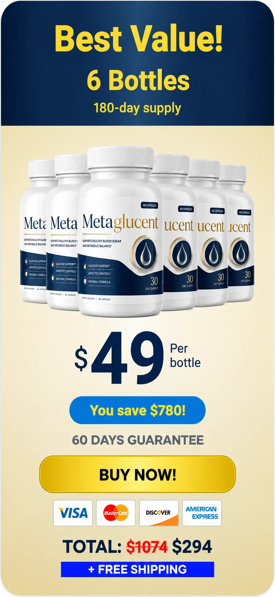 MetaGlucent 6-bottle best value pack — 180-day supply with free shipping and biggest savings